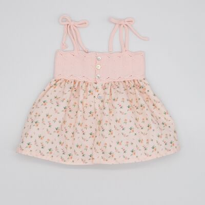 VESTIDO COMBINADO CUERPO PUNTO TIRANTES POPELÍN FLORES ROSA BEBÉ4 Años