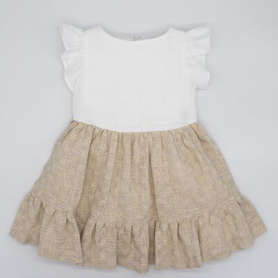 VESTIDO CUERPO LINO BLANCO Y FALDA LINO NATURAL BORDADO2 Años