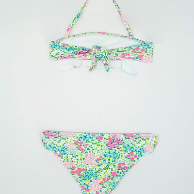 BIKINI VOLANTE Y LAZO ELASTANO FLOR FLÚOR8 AñosRosa