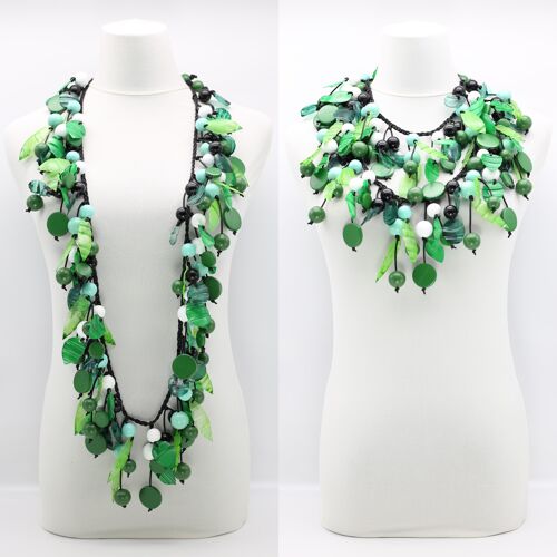 Vintage Inspired Wooden Beads and Plastic Leaf  Fruit Necklace - Long - Greens