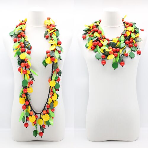 Vintage Inspired Wooden Beads and Plastic Leaf  Fruit Necklace - Long - Multicolour