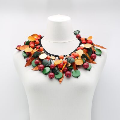 Vintage inspirierte Halskette aus Holzperlen und Kunststoffblättern mit gemischten Früchten - kurz - Herbstblätter