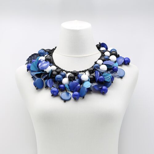 Vintage Inspired Wooden Beads and Plastic Leaf Mixed Fruit Necklace  - Blues