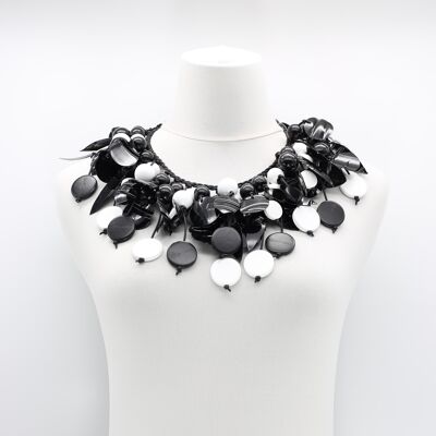 Vintage Inspired Wooden Beads and Plastic Leaf Mixed Fruit Necklace  - Monochrome