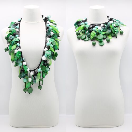 Vintage Inspired Wooden Beads and Plastic Leaf Mixed Fruit Necklace - Medium - Greens