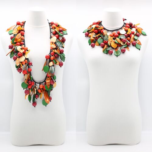 Vintage Inspired Wooden Beads and Plastic Leaf Mixed Fruit Necklace - Medium - Autumn Leaves