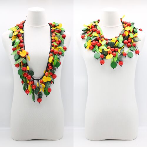 Vintage Inspired Wooden Beads and Plastic Leaf Mixed Fruit Necklace - Medium - Multicolour