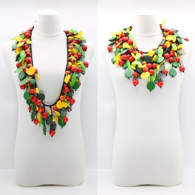 Vintage-inspirierte Halskette aus Holzperlen und Plastikblättern mit gemischten Früchten – mittelgroß – mehrfarbig