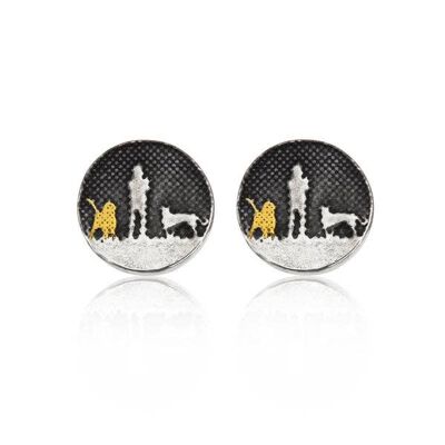 BOUCLES D'OREILLES CIEL DE NUIT AVEC DEUX CHIENS, ARGENT MASSIF OXYDÉ, RNSS2/GD