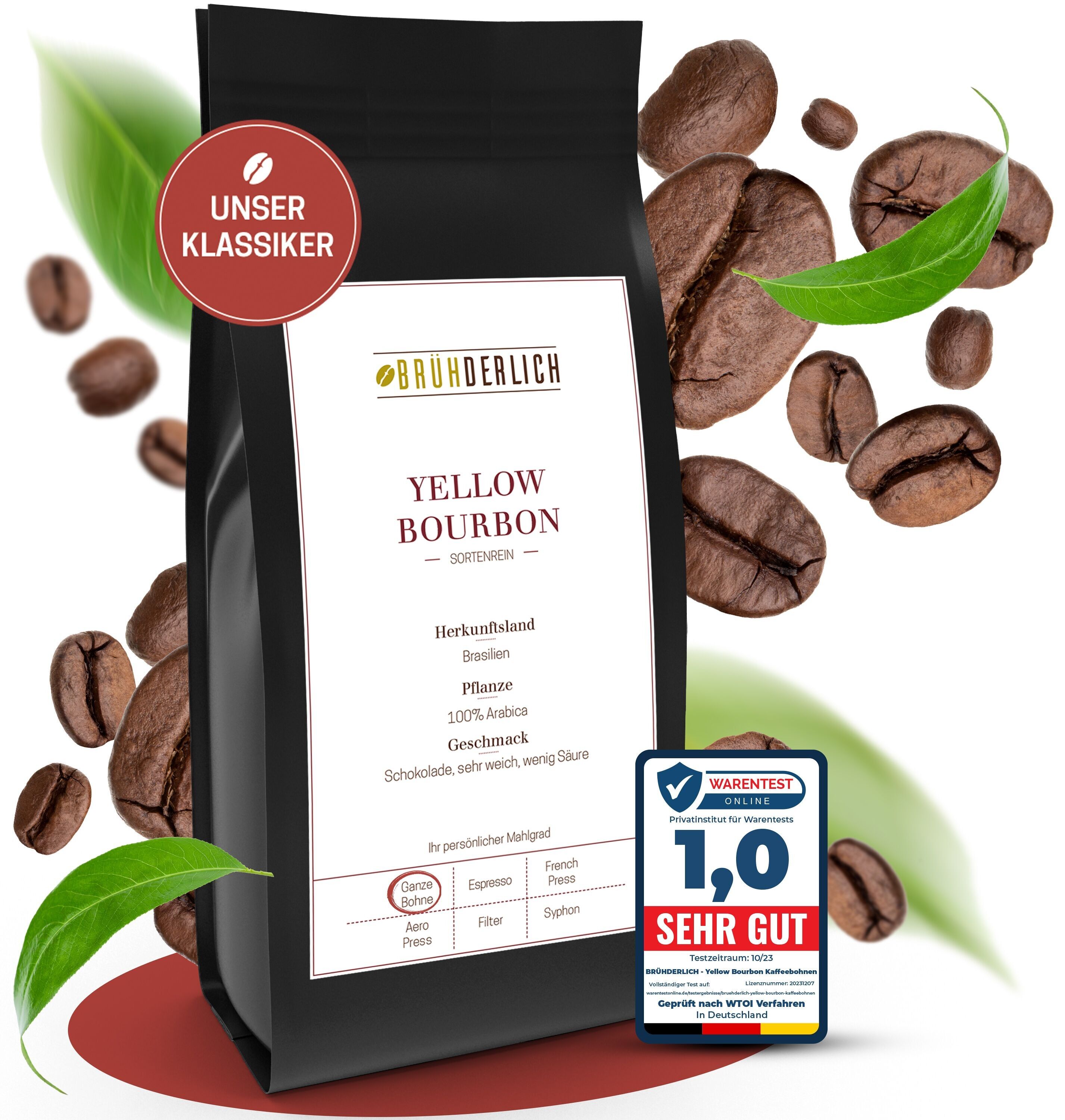 Chicchi di caffè Arabica premium (500 g) - Bourbon giallo - delicato e a basso contenuto di acido