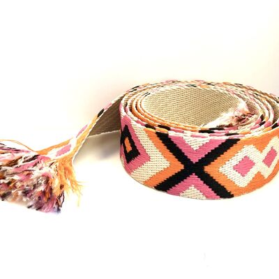Canvas woven belt orange pink fringel S/M