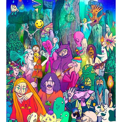 Stonehenge Summer Solstice limited edition giclee art print, lowbrow art pop surrealism illustration, cartoon portrait of an acid trip A3