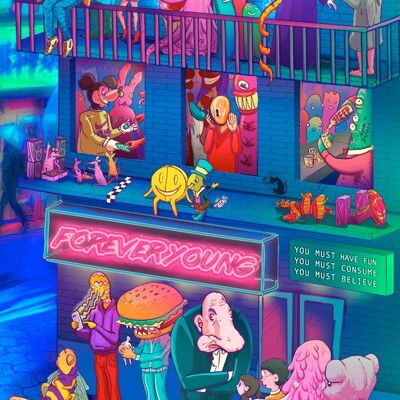 The Club, limited edition giclee art print, lowbrow art pop surrealism illustration, cartoon portrait of a party night out A3