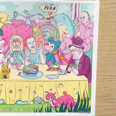 Alice in Lockdown III: The Tea Party, Giclée-Kunstdruck in limitierter Auflage, Lowbrow-Kunst, Pop-Surrealismus-Illustration. Alice im Wunderland A3