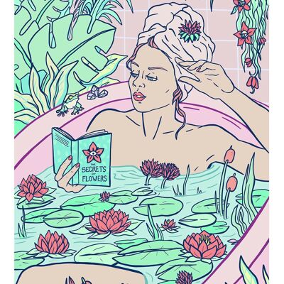 Blumenbad und Seerosenteich | Bath Time Self Care Serie I, limitierte Ausgabe. Giclée-Druck | Badezimmer Frau Vertikale Wandkunst Illustration A3