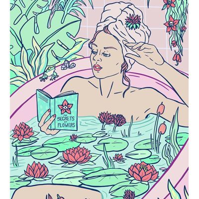 baño de flores y estanque de nenúfares | Bath Time Self Care Series I, edición limitada. impresión giclée | Ilustración de arte de pared vertical de mujer de baño A3