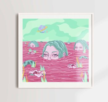 À mi-chemin dans l'étang | Impression d'art giclée en édition limitée par Marta Zubieta | art féminin surréaliste mural A3 5