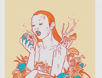 Perséphone mangeant des grenades. Impression d'art surréaliste pop giclée sur la déesse grecque de l'automne Persefone avec des fruits psychédéliques. A3 2