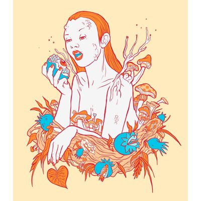 Perséfone comiendo granadas. Impresión de arte surrealista pop Giclée sobre la diosa griega de Autumn Persefone con frutas psicodélicas. A3