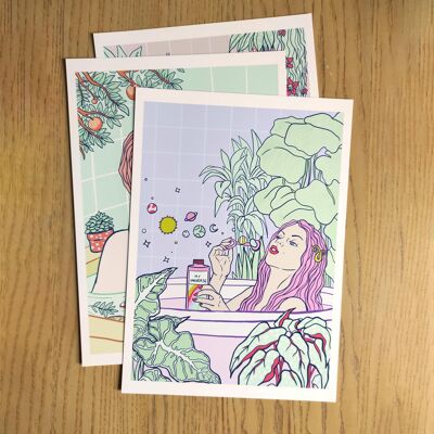 Trittico Bath Time Self Care Series, stampe gicleé limitate | Illustrazione di arte della parete verticale della donna del bagno | Aromaterapia fiori e agrumi A3