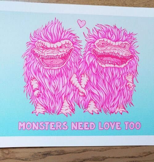 Monsters Need Love Too, tribute to 80s movies The Critters , for horror fans and weird monster lovers , wall art for quirky cool galentines A3