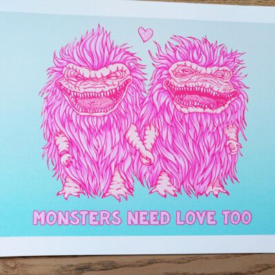 Monsters Need Love Too, tribute to 80s movies The Critters , for horror fans and weird monster lovers , wall art for quirky cool galentines A3