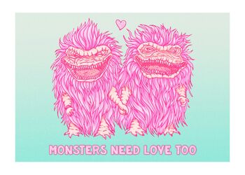 Monsters Need Love Too, hommage aux films des années 80 The Critters , pour les fans d'horreur et les amateurs de monstres étranges , art mural pour galentines cool et décalées A3 3
