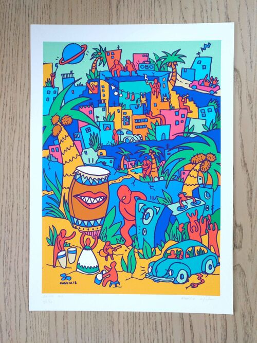 Brazil Tropical Jungle City Wall Art Fine Art Giclée Print Naive 2d illustration Colourful poster limited edition Crazy world music inspired A3