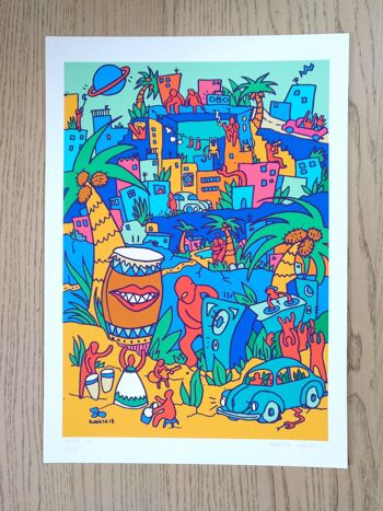 Brésil Tropical Jungle City Wall Art Fine Art Giclée Print Naive 2d illustration Affiche colorée édition limitée Crazy world music inspiré A3 1