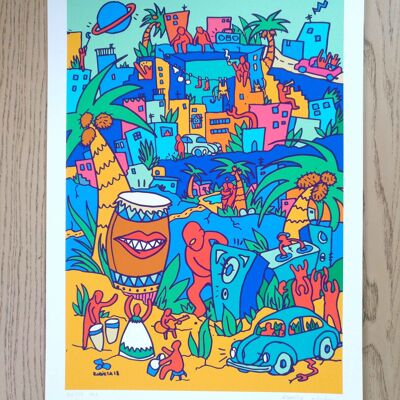 Brésil Tropical Jungle City Wall Art Fine Art Giclée Print Naive 2d illustration Affiche colorée édition limitée Crazy world music inspiré A3