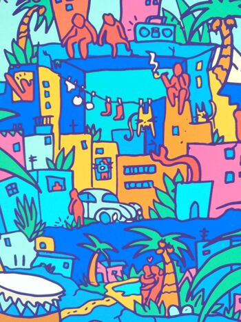 Brésil Tropical Jungle City Wall Art Fine Art Giclée Print Naive 2d illustration Affiche colorée édition limitée Crazy world music inspiré A3 3