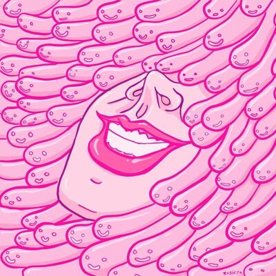 Schwimmen Sie mit Ihren Würmern. Giclée-Kunstdruck in limitierter Auflage von einer Original-Gouache aus dem Jahr 2019, schlichte, pop-surrealistische Kunst. A3