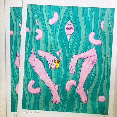 Stampa artistica con tecnica mista giclée pop in edizione limitata Bath Time di Marta Zubieta. Lowbrow Cartoon Street Art dal Regno Unito A3