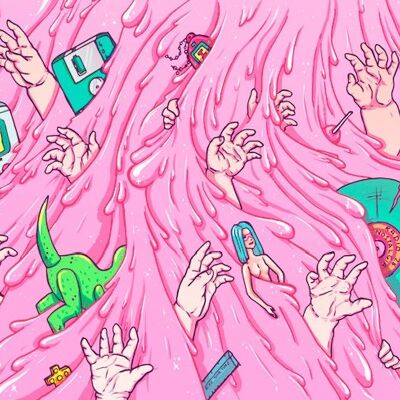 Nostalgia de los 90 y limo. Juguetes y recuerdos en una cascada rosa. Impresión de arte giclée lowbrow surrealista pop psicodélico, arte de pared, decoración A3