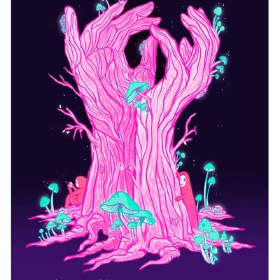 Our Tree Limited edition Art Print. Inspired Rumi Quote Between right & wrong, pop surreal psychedelic illustration about love and relations A3