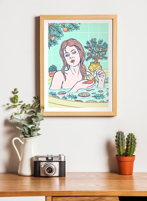 Citrus Bath and Seville Oranges | Bath Time Self Care Serie III,limited edition gicleé print | Bathroom Woman Vertical Wall art illustration A3
