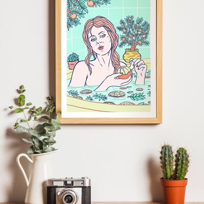 Citrus Bath and Seville Oranges | Bath Time Self Care Serie III,limited edition gicleé print | Bathroom Woman Vertical Wall art illustration A3