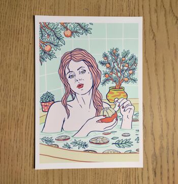 Bain aux agrumes et oranges de Séville | Bath Time Self Care Serie III, impression giclée en édition limitée | Salle de bain Femme Vertical Art mural illustration A3 3