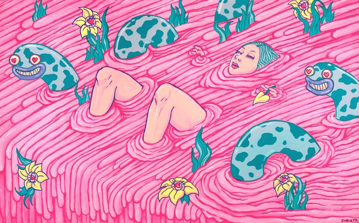 La Petite Mort. Giclée-Pop-Surreal-Mixed-Media-Kunstdruck in limitierter Auflage von Marta Zubieta. Unkomplizierte popsurrealistische Straßenkunst A3