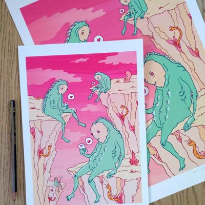 Giclée Art Print : À la recherche de l'amour. Art mural pop surréaliste. Des extraterrestres de la génération Y accros à Tinder. Illustration numérique A3