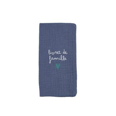 Protects family book in dark blue gauze