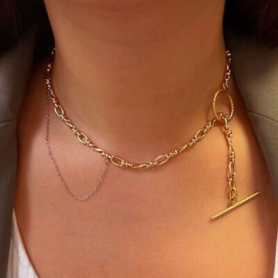 Oanell gold mesh necklace with fine rhodium chain and toggle clasp