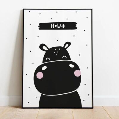 Póster habitación infantil hipopótamo Hello - A4