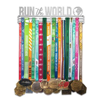 Porte-médaille RUN THE WORLD - Acier brossé acier - Grand 1