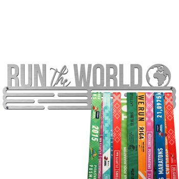 Porte-médaille RUN THE WORLD - Acier brossé acier - Grand 2