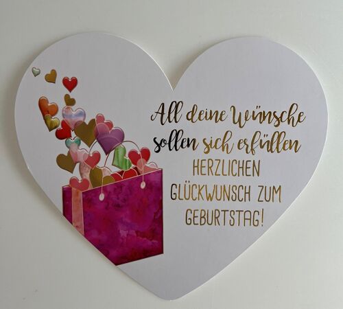 Herzkarte 21,5 x 18,5 cm - All deine Wünsche sollen sich erfüllen - herzlichen Glückwunsch zum Geburtstag!