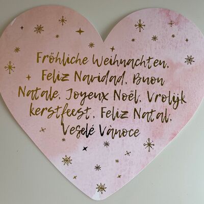 Corazón decorativo XXL 34 x 30 cm - Merry Christmas, Feliz Navidad, Buon Natale, Joyeux Noël, Vrolijk kerstfeest, Feliz Natal, Veselé Vànoce