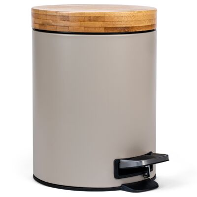 Cubo cosmético de diseño Kazai.® 5l | Tapa de madera de bambú con cierre suave | Cubo de basura con pedal antihuellas y pedales de confort | Gris