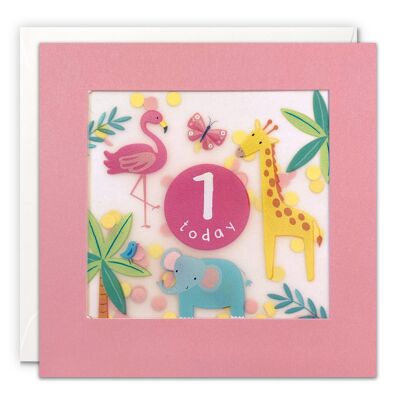 Age 1 Pink Jungle Paper Shakies Card