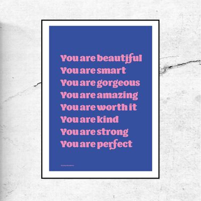 You are amazing - affiche/affiche typographique - lettres bleues & roses - 30x40